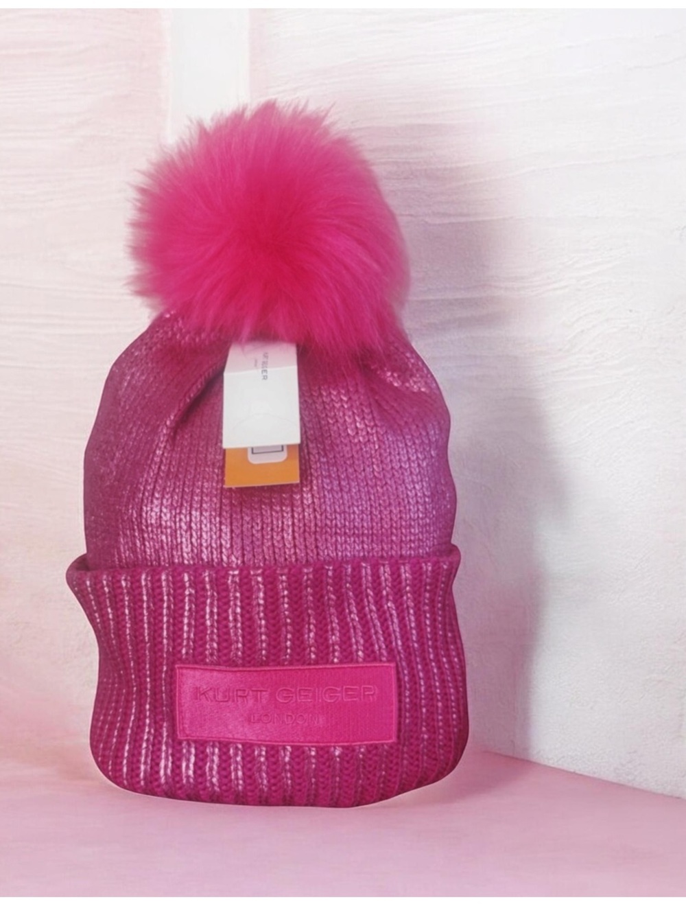 KURT GEIGER HOT PINK SHIMMERING METALLIC POMPOM HAT